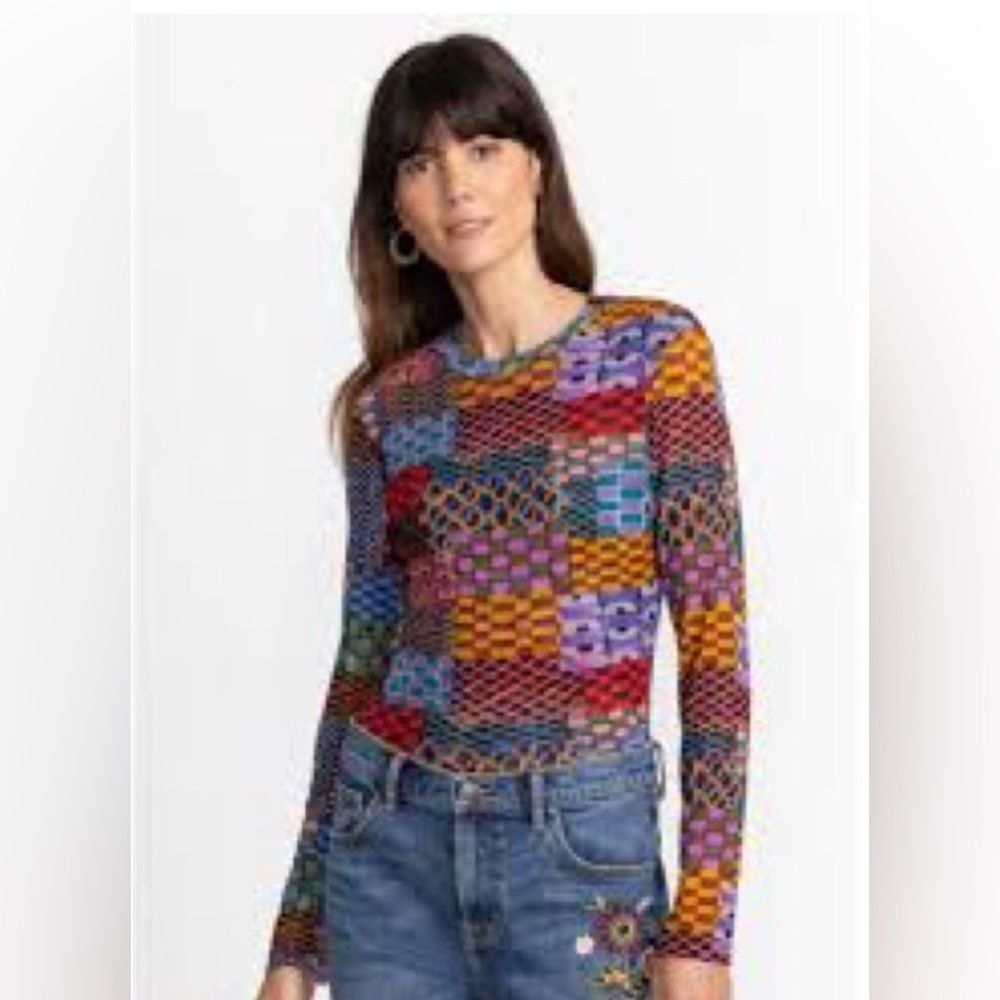 Johnny Was NEW Isadora Waves Mesh Tee Patchwork Long Sleeve Top Size M